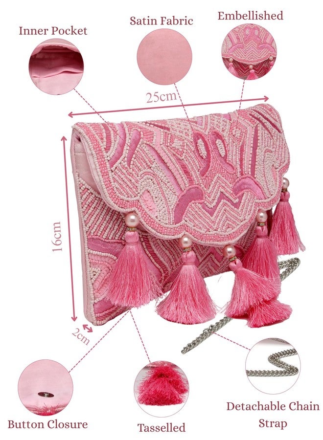Anekaant Boho Pink Abstract Embellished Satin Sling Bag - Image 4